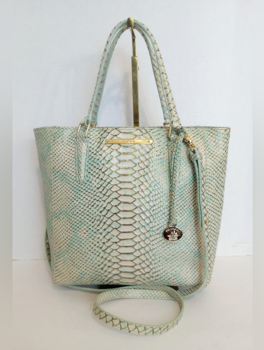 Brahmin Python Opal Green Harrison Carryall Crossbody Satchel